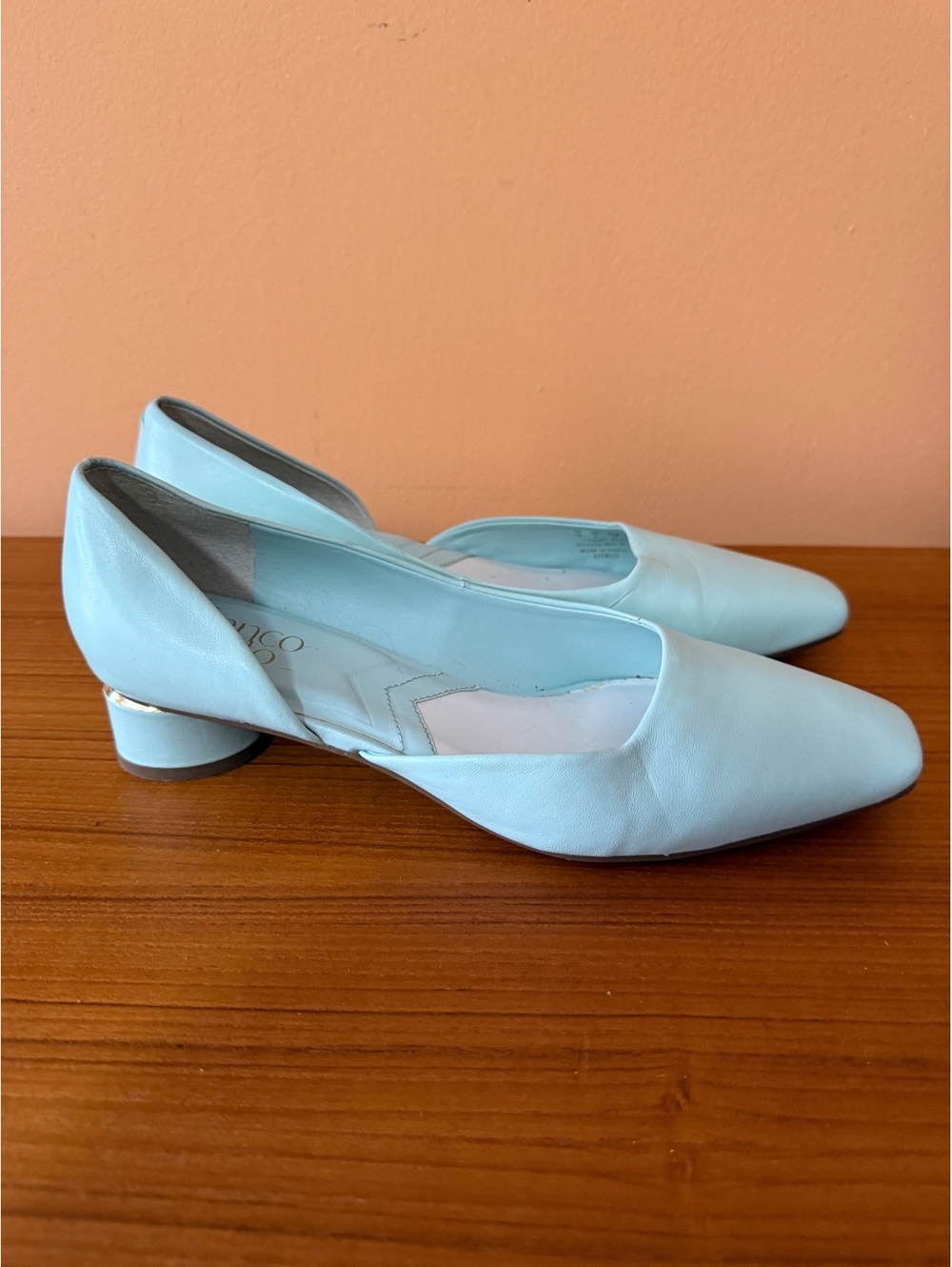 Size 7 Franco Sarto Light Blue Pointed Toe Low Block Heel Pumps, Citrus Style